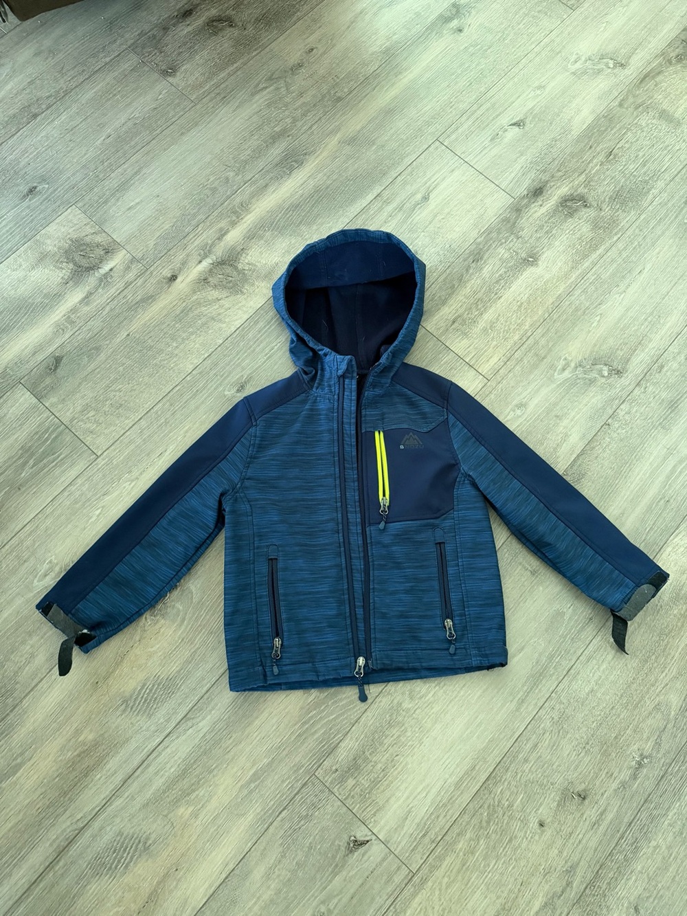 Snozu Navy Blue Hooded Kids Puffer Jacket with Yellow Zip Accent